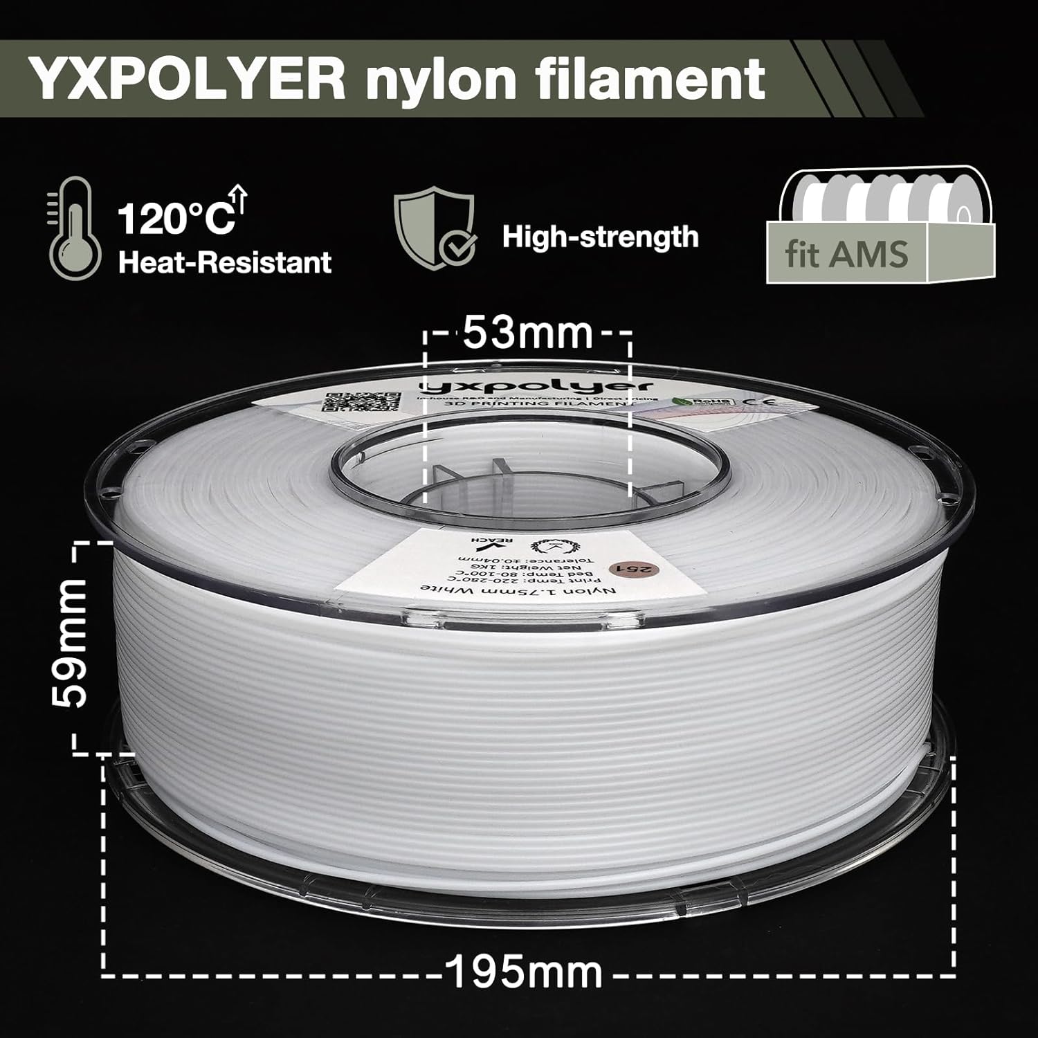 YXPOLYER 3D Printer Filament Nylon Filament PA6 2.2 lbs 1kg White Nylon with Heat-Resistant AMS-Compatible Spool, 3D Printing Filament Easy PA 1.75mm