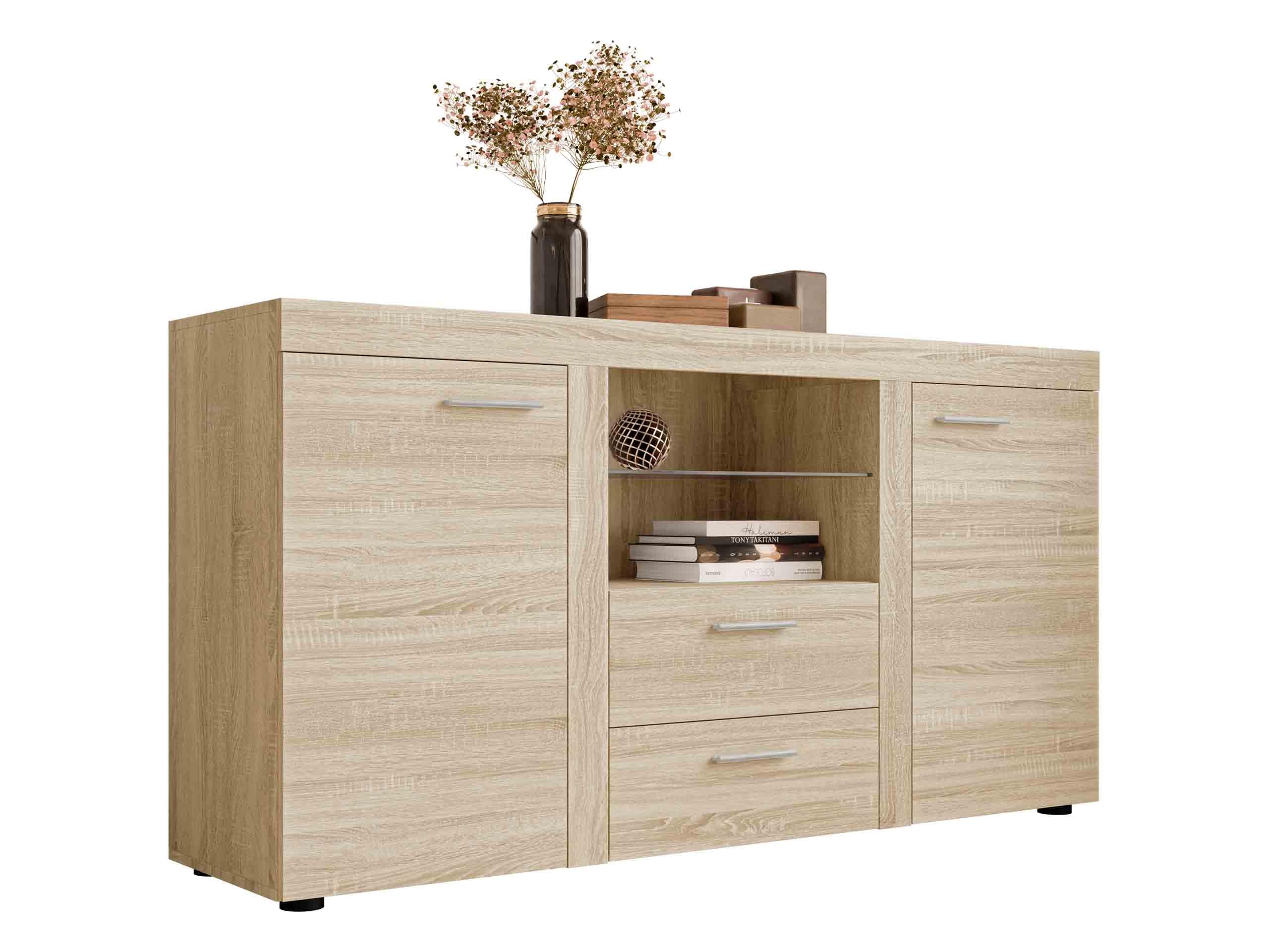 Mirjan24 Kommode Rango mit Glasboden, Highboard Sideboard, Anrichte, Naturtöne, Mehrzweckschrank, Wohnzimmerschrank, Anrichte, Schrank (ohne Beleuchtung, Sonoma Eiche)