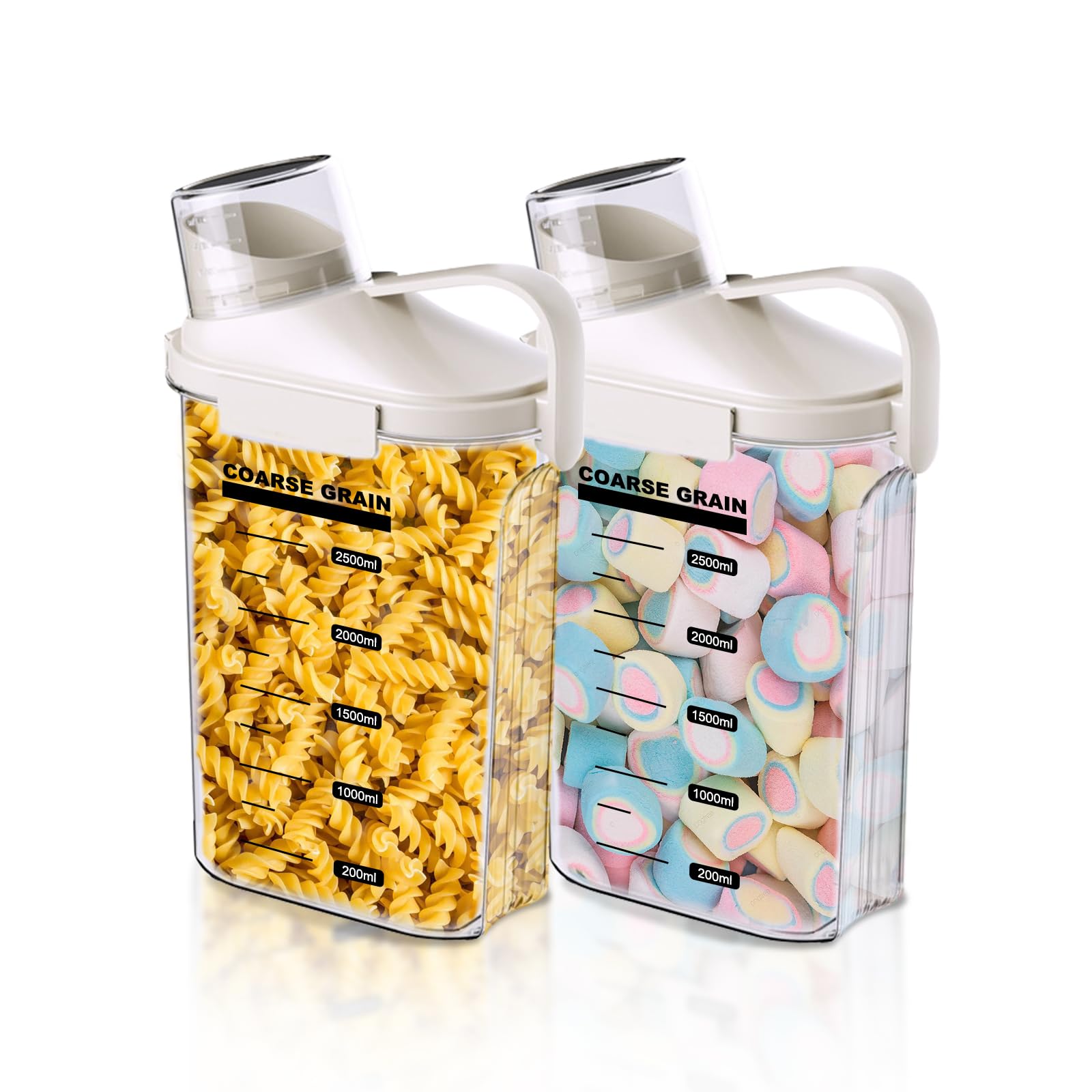 LANGMINGDE 2 recipientes de almacenamiento de cereales de 2.8 l/95 onzas, recipientes de plástico transparente para almacenamiento de alimentos secos con tapas y taza medidora, recipientes de