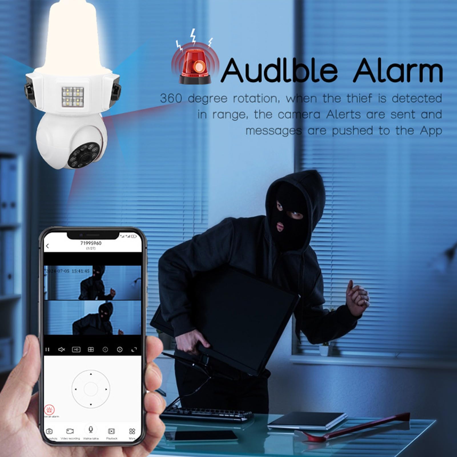 Cryfokt Telecamera di Sicurezza a Lampadina, 2 Obiettivi con Visione Ampia da 110 Gradi, Wireless WiFi da 2,4 GHz, Rilevamento del Movimento, con PTZ a 360 Gradi e Visione Notturna, per