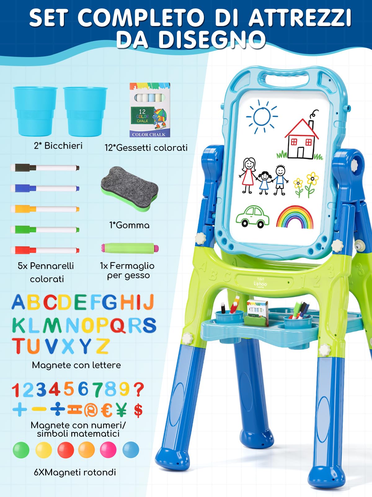 Lehoo Castle Lavagna per Bambini, 4 in 1 Lavagna Magnetica per Bambini, 360° Cavalletto Pitturai Regolabile Altezza, Giocattolo Educativo 3+ Anni(Blu)