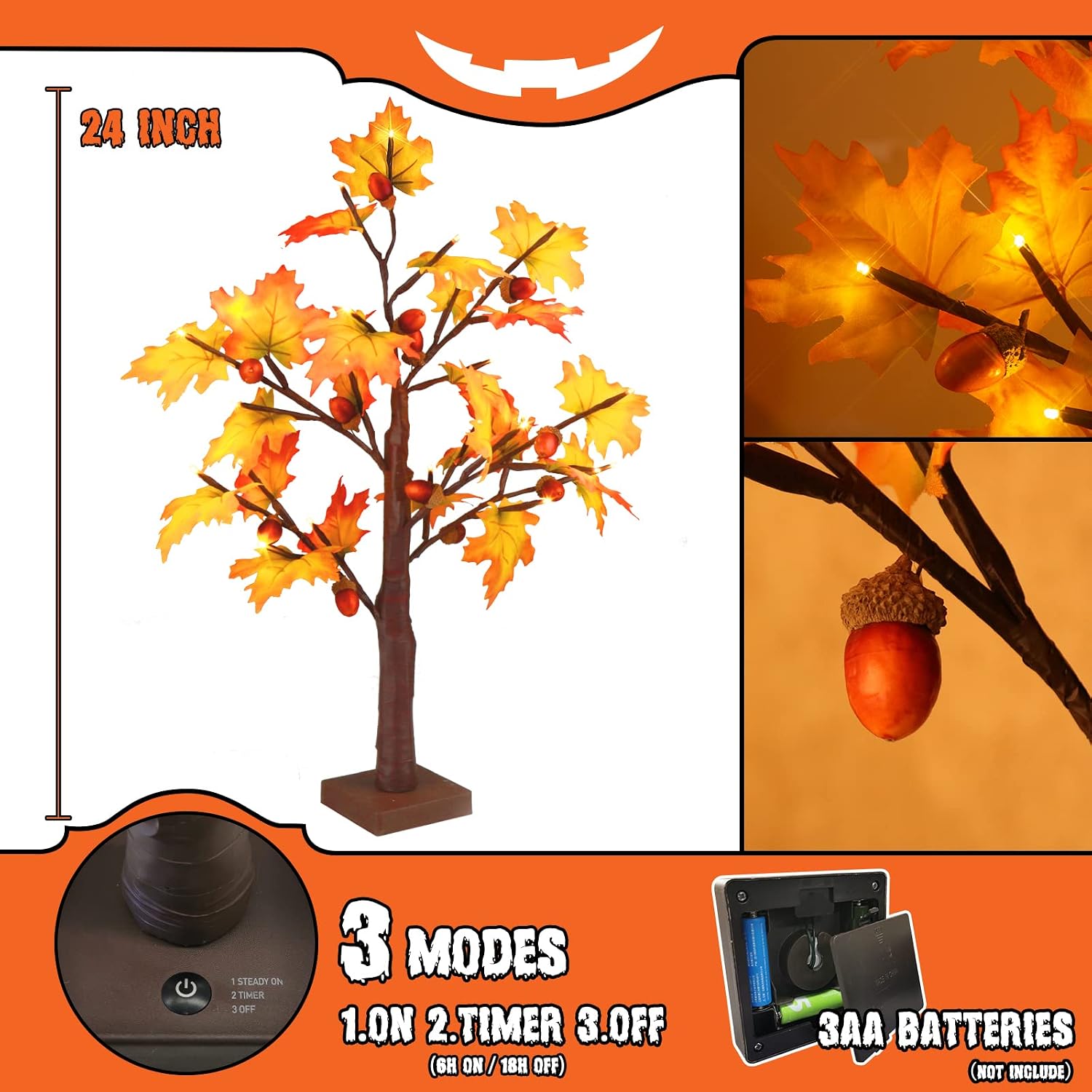 Vanthylit Lighted Fall Tree with 24 LED Thanksgiving Decorations Maple Tree Battery Operated Table Lights Autumn Decorations for Home