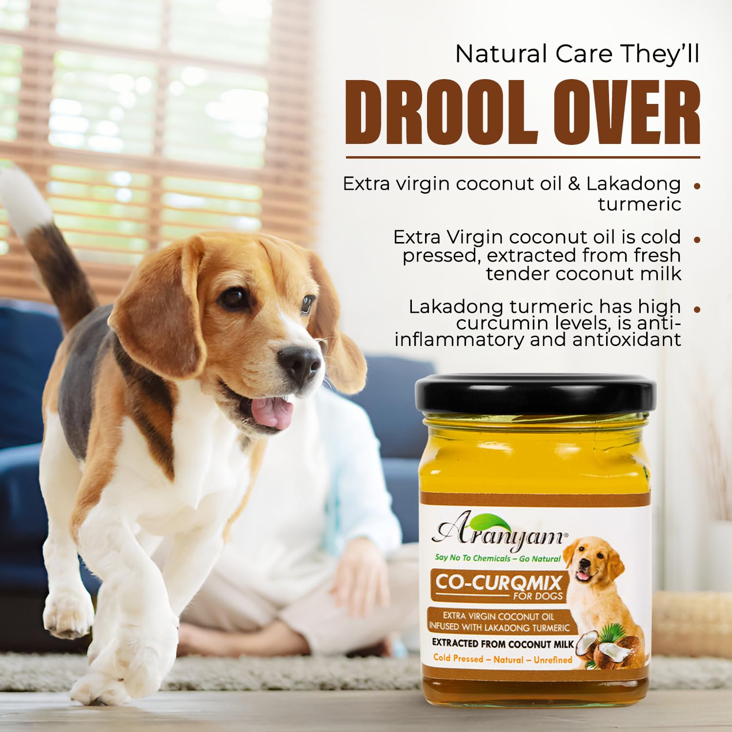 Aranyam Co-CurQmix for Dogs - Extra Virgin Cold Pressed Coconut Oil with Lakadong Turmeric - 160ml | Dog Nutritional Supplement for Joint Health, Digestion, Itchy Skin & Shiny Coat 1