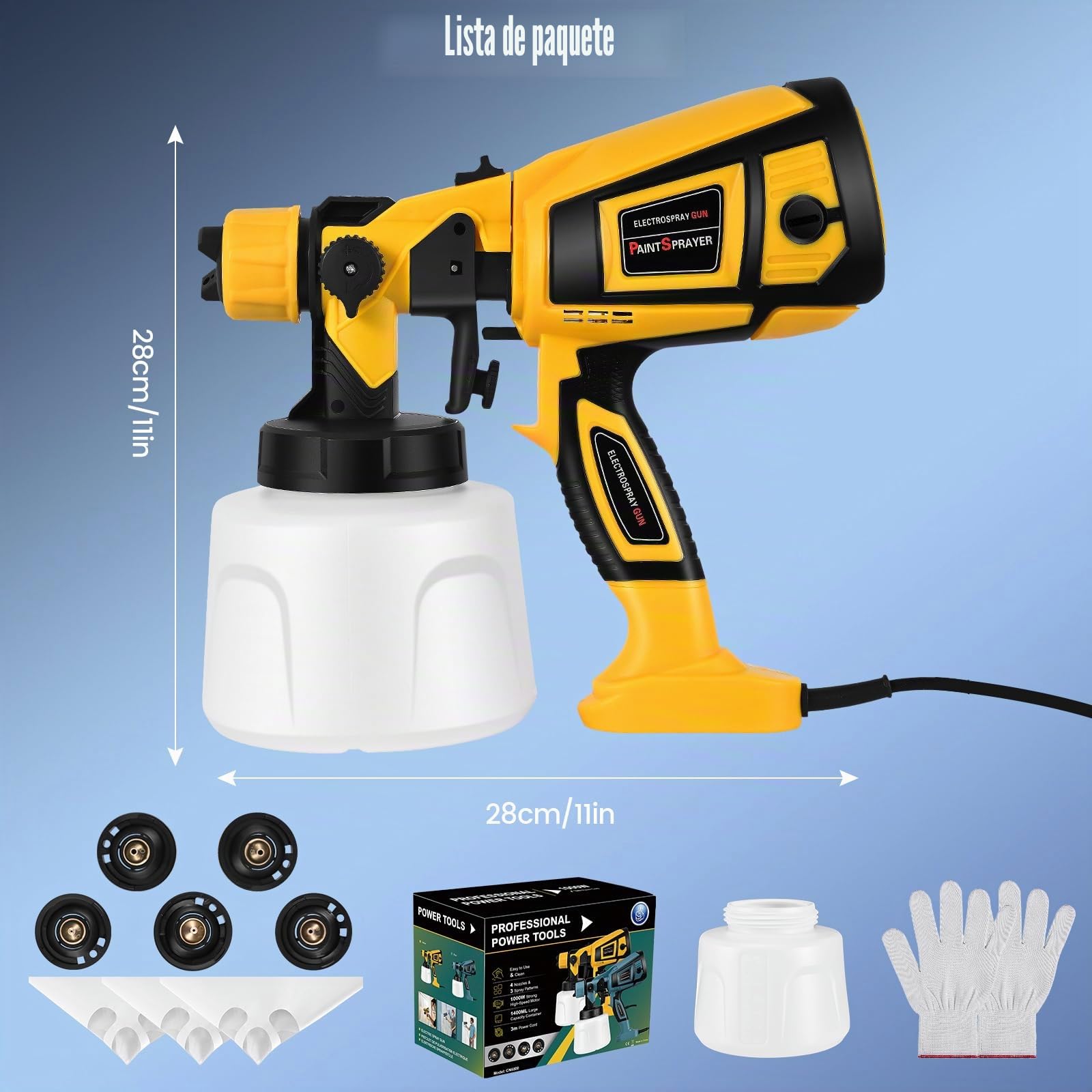 Pistola de Pintura Eléctrica HVLP 800W, 1400ML con Gatillo Bloqueable para Uso Continuo, 4 Boquillas & 3 Patrones para Paredes Vallas Muebles Techo, Sistema de pulverización de pintura2