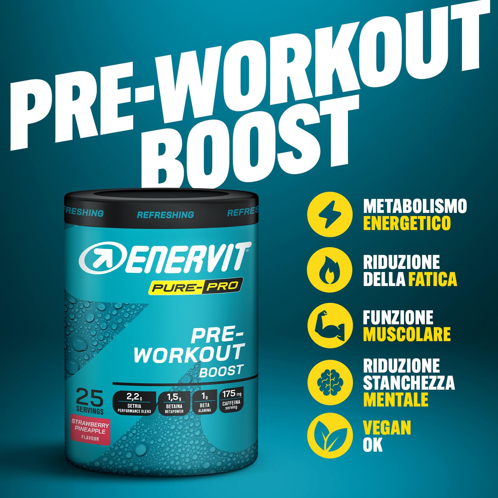 Enervit Pure-Pro Pre Workout Integratore in Polvere Gusto Fragola-Ananas, con Caffeina, Betaina, Beta-Alanina, Creatina, Potassio e Vitamina B6, Prepara il Fisico per Workout Intensi, Vegan, 313g