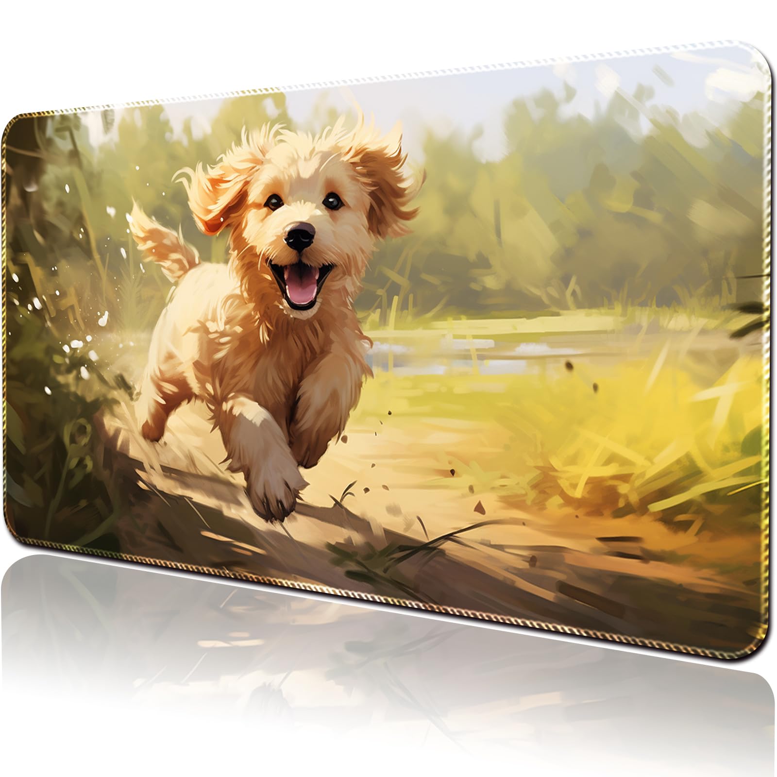 April Space Stitched TCG Playmat, 24x14 Inches with Divided Card Areas, Non-Slip Tabletop Playmat Comes with Storage Bag, Ideal for Amateur Game Enthusiasts (No Zone,Puppies)