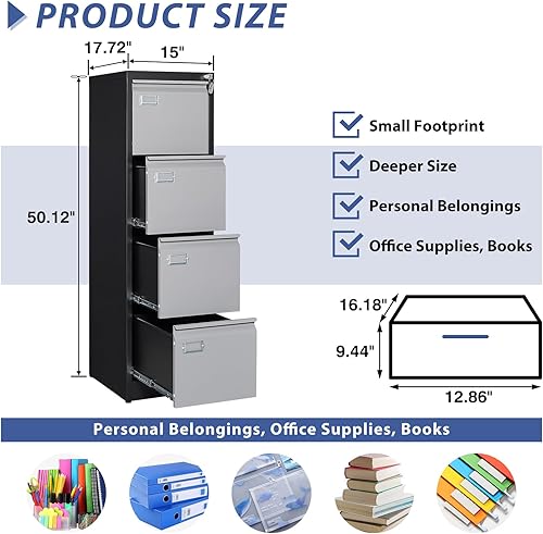 Miniatura 3 de Archivador de 4 cajones, archivadores para oficina en casa, gabinete de almacenamiento vertical de metal con cerradura, archivador de bloqueo para