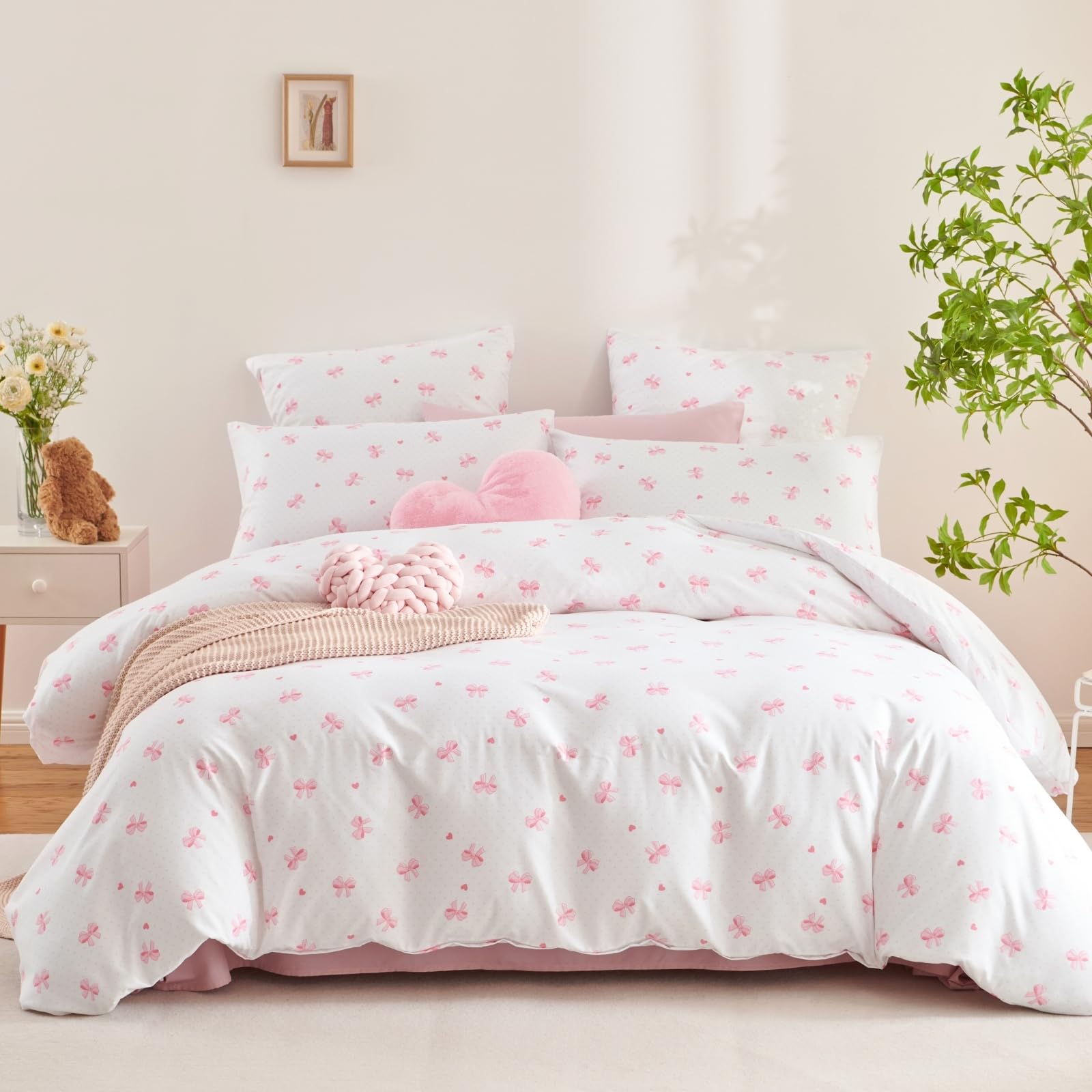 Michorinee Pink Bow Single Duvet Cover Set 100% Cotton Pink Bows Heart Print White Aesthetic Kawaii Bowknot Bedding Set Girls Quilt Cover 135x200 cm and 1 Pillow case 50 x 75 cm with Zipper Closure