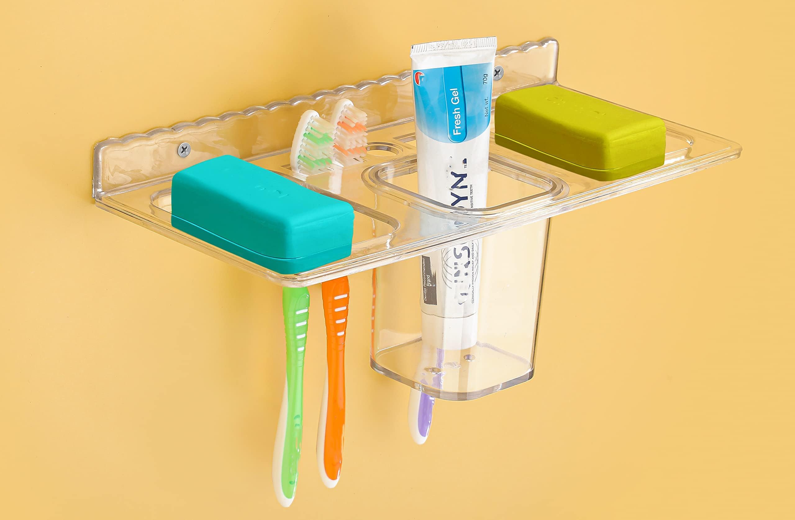 iSTAR 4 in 1 Multipurpose White Plastic Unbreakable Soap Dish Tooth Brush Holder Home Acrylic Bathroom Faucets Accessories 4 in 1 Corner Plastic Wall Shelf (1)