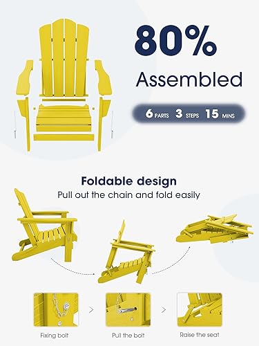 Vista 205 de KINGYES - Silla Adirondack plegable, sillas de patio de polietileno de alta densidad para todo tipo de clima, silla de césped con textura de madera