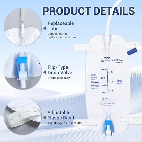 Miniatura 3 de Paquete de 5 bolsas de 16.9 fl oz, bolsa de drenaje urinario con tubo flexible de 17.7 pulgadas, correas ajustables con botones, antifugas, diseño