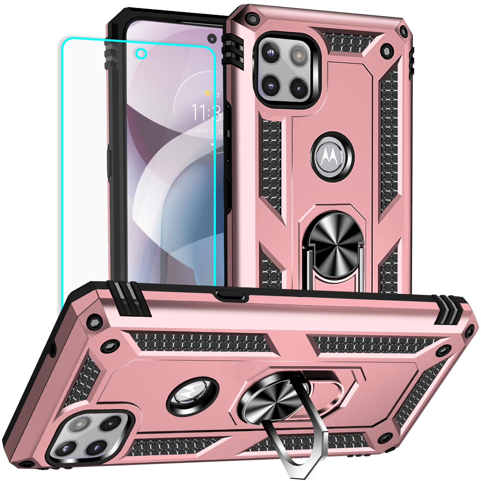Yiakeng for Motorola One 5g Ace Case: Military Grade Protective Case with Screen Protector, Finger Ring Holder Kickstand (Rose Gold)