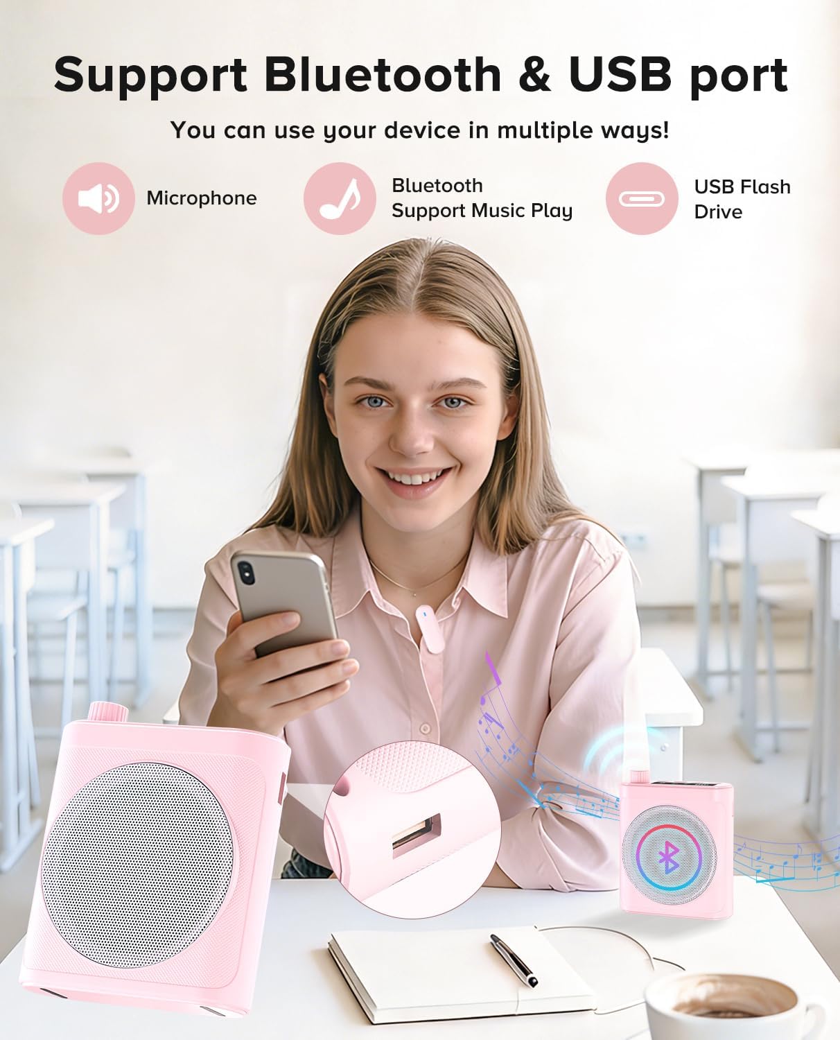 Voice Amplifier for Teachers with Dual Magnetic Wireless Lavalier Microphones & Noise Reduction - Bluetooth Portable Rechargeable Speaker for Classroom, Meetings, Yoga, Speeches (Pink)