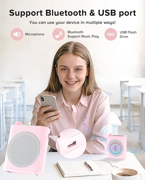 Voice Amplifier for Teachers, Dual Magnetic Lavalier Mic(Pink) | Bluetooth Portable Rechargeable Speaker for Classroom, Meetings, Tour Guide Speeches, Public Speaking, Coaches, PA System
