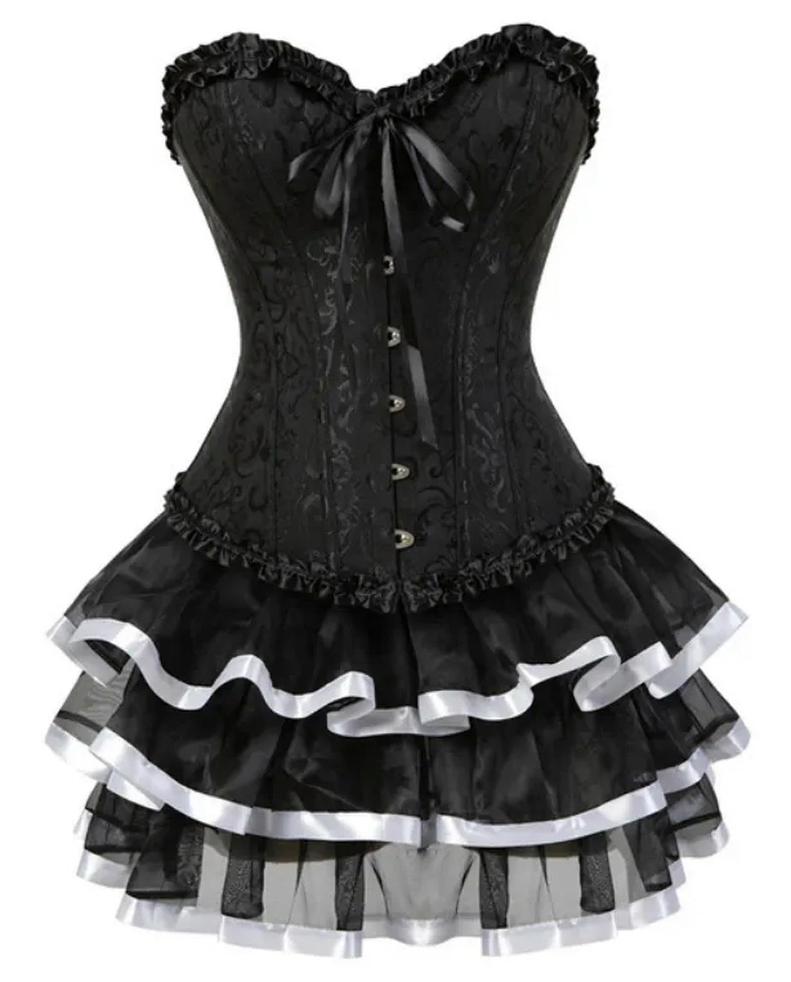 WEITING Abiti con Corsetto Overbust in Raso di Pizzo Abiti da Ballerina Showgirl Barlesque Corsetti e Bustini Lingerie Top per Donne Gonna Tutu Set-Style-B Nero-XS