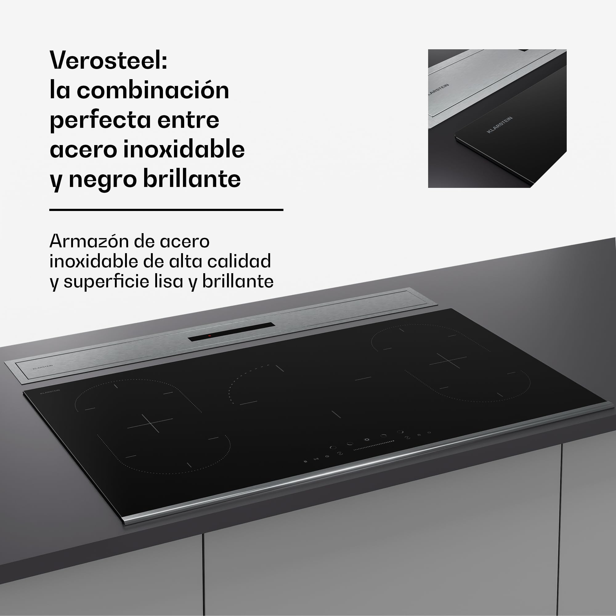 Klarstein Verosteel Extractor De Encimera 90 cm - A++ Eficiencia, 906,2 m³/h, Táctil Invisible, LED, Filtro Carbón, Campana Extractora Cocina Silenciosa, Aluminio & Cristal Negro