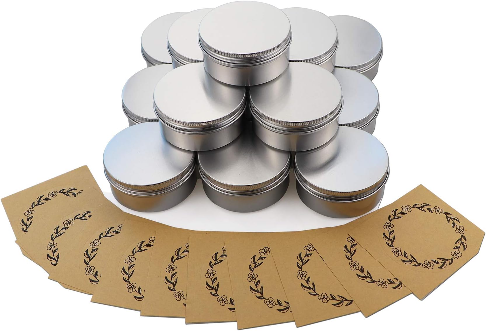 FDIO Screw Top Aluminum Tin Jars Tins Empty Container with Lip and Enough Marking Labels for Candle, Lip Balm, Salve, Make Up, Eye Shadow, Powder(15Pack,10 Oz./150ml)