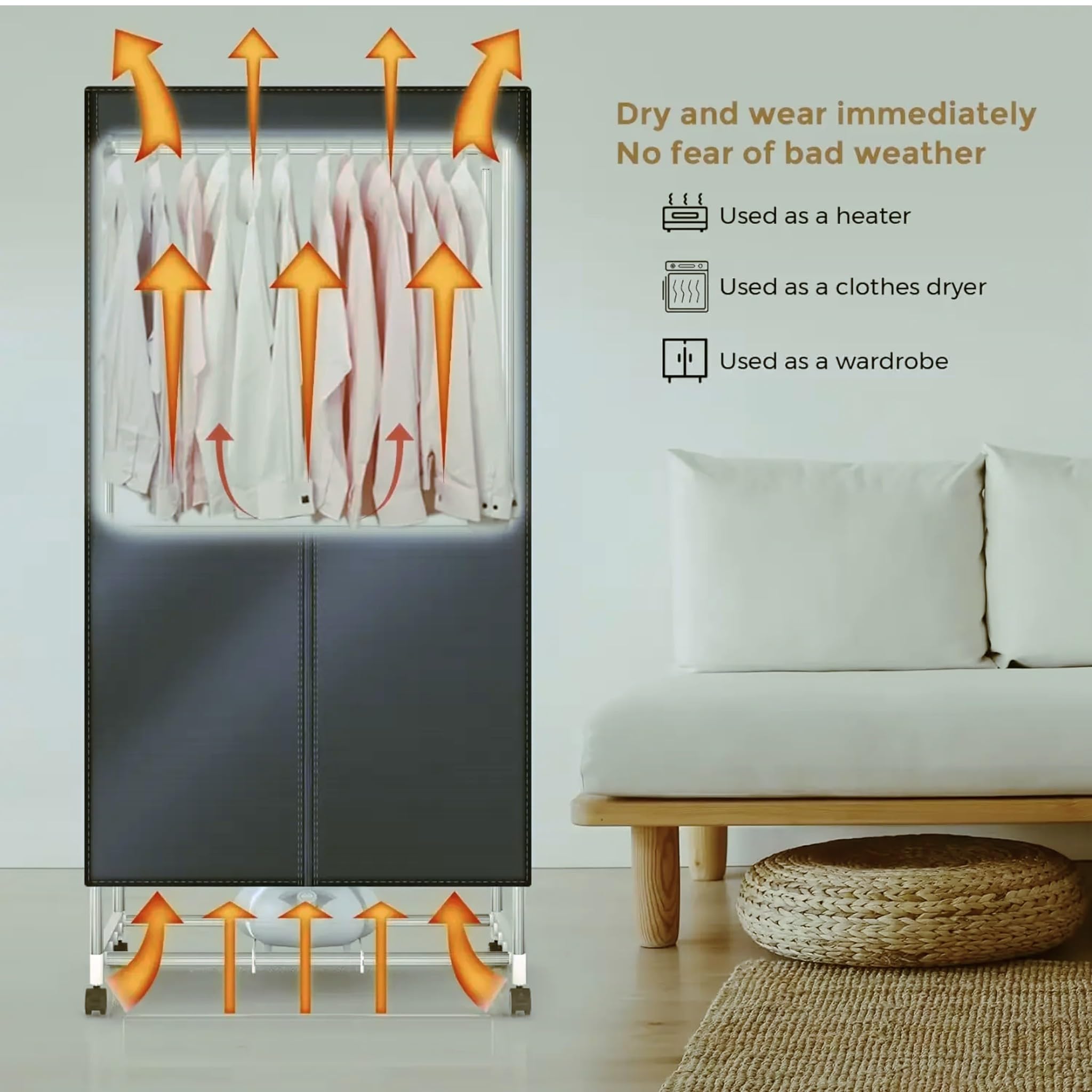 Bricoloco Secadora Eléctrica Portátil 1200 W y hasta 70 grados, 2 alturas y hasta 15 kgs de ropa - Antibacteriano-Solución ideal para Secar las prendas en invierno