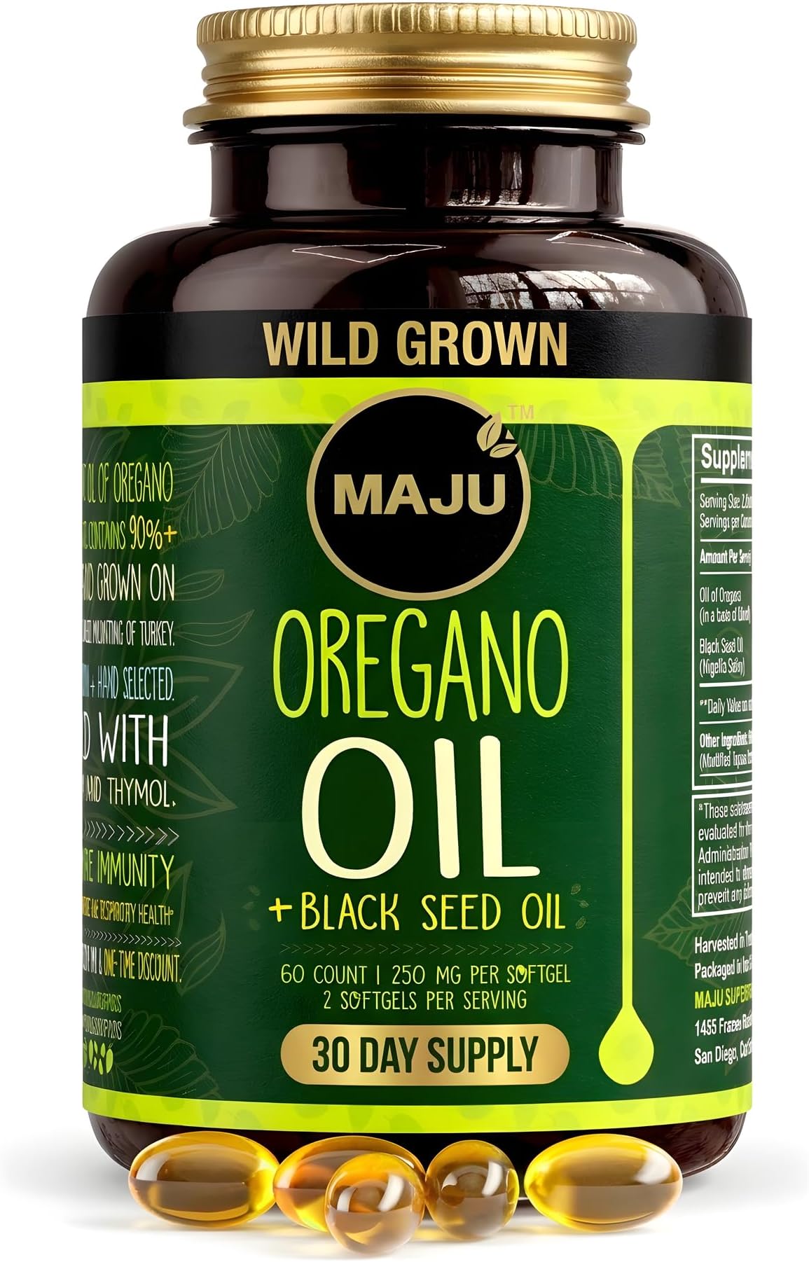 MAJU Oregano Oil Capsules with Black Seed Oil, Up to 90% Carvacrol, 60 Ct