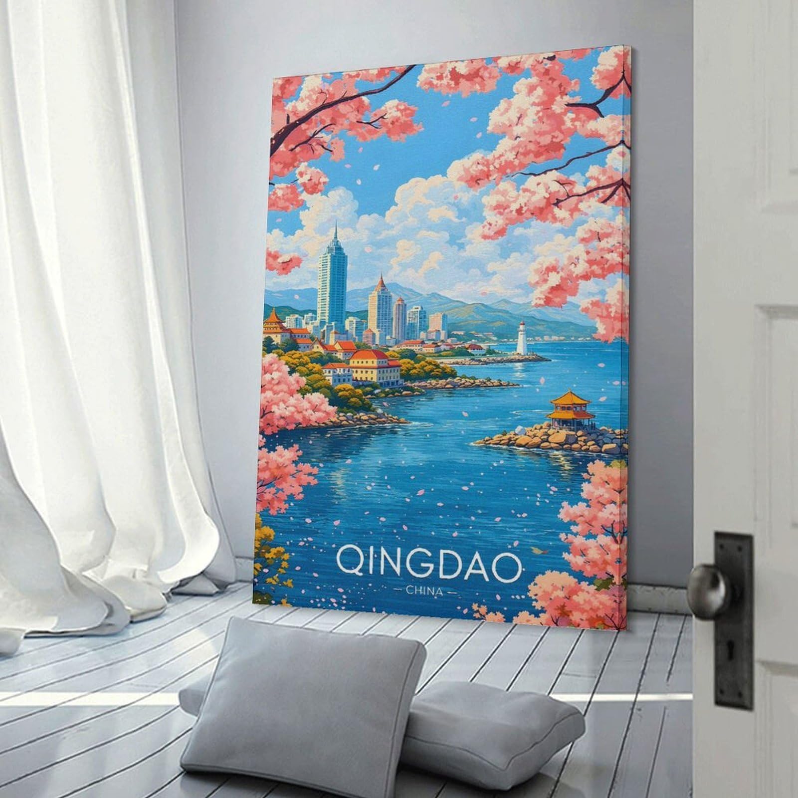 Junmoney Frame-Style-8-1 Qingdao Cityscape With Cherry Blossoms Hanging Wall Art, 20X30inch(50X75cm), For Bedroom Decor, Cosy Corners Or Studios, An Easy Wall Refresh For Bedrooms