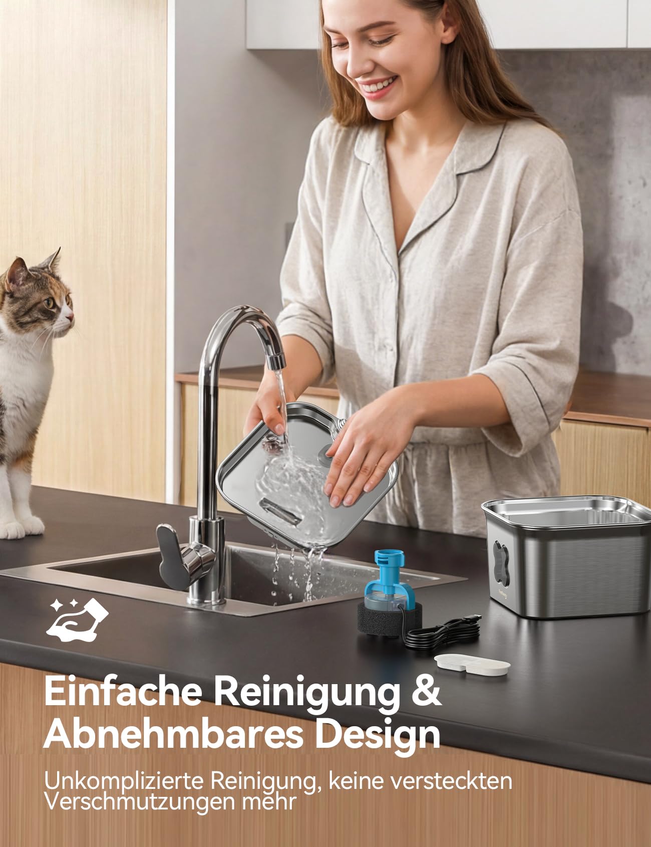 FEELNEEDY Katzenbrunnen Edelstahl, 2,8L Trinkbrunnen für Katze mit Kabel, Einfach zu Reinigen, katzenbrunnen mit Vierfaches Filtersystem & LED-Licht, Ultraleise, Spülmaschinenfest