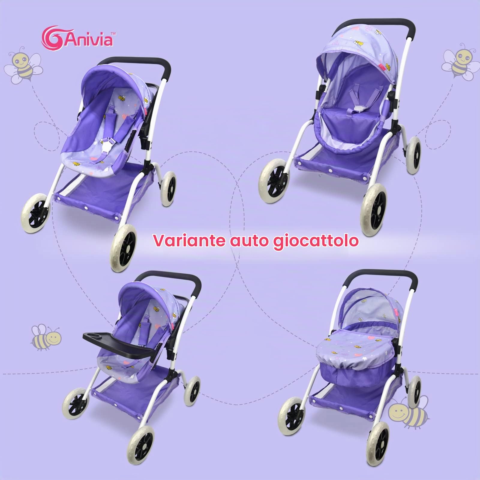Anivia Dolls Carrozzina, Passeggino per Bambole, Passeggino 8 in 1 Bambole Passeggino e Carrozzina Giocattoli Regalo per Bambini, Bambole Adatte Fino a 14 Pollici - Viola