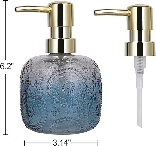 Miniatura 6 de Paquete de 2 dispensadores de jabón de vidrio con relieve floral, dispensadores de jabón de manos de 12 onzas, dispensadores de loción recargables