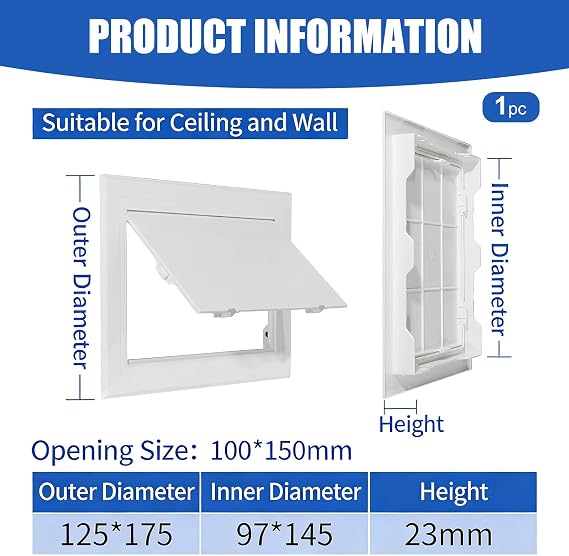Access Panel 100x150 mm, Inspection Hatch Revision Door Paintable ABS Plastic for Wall & Ceiling, Conceals Pipes Wires Meters Fuse Box Cover, Flush Fit Access Panel Service Hatch for Easy Access
