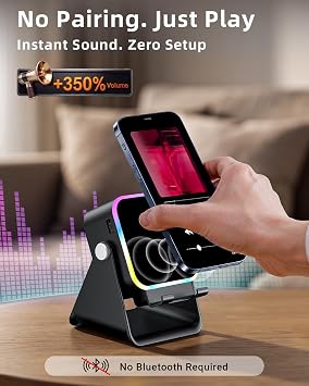 Induction Speaker 5-in-1 Bluetooth Audio for iPhone Android with Phone Stand, Adjustable Desktop Phone Holder with Charger & RGB Light, Cool Tech Gadgets Gifts for Men Women Teens