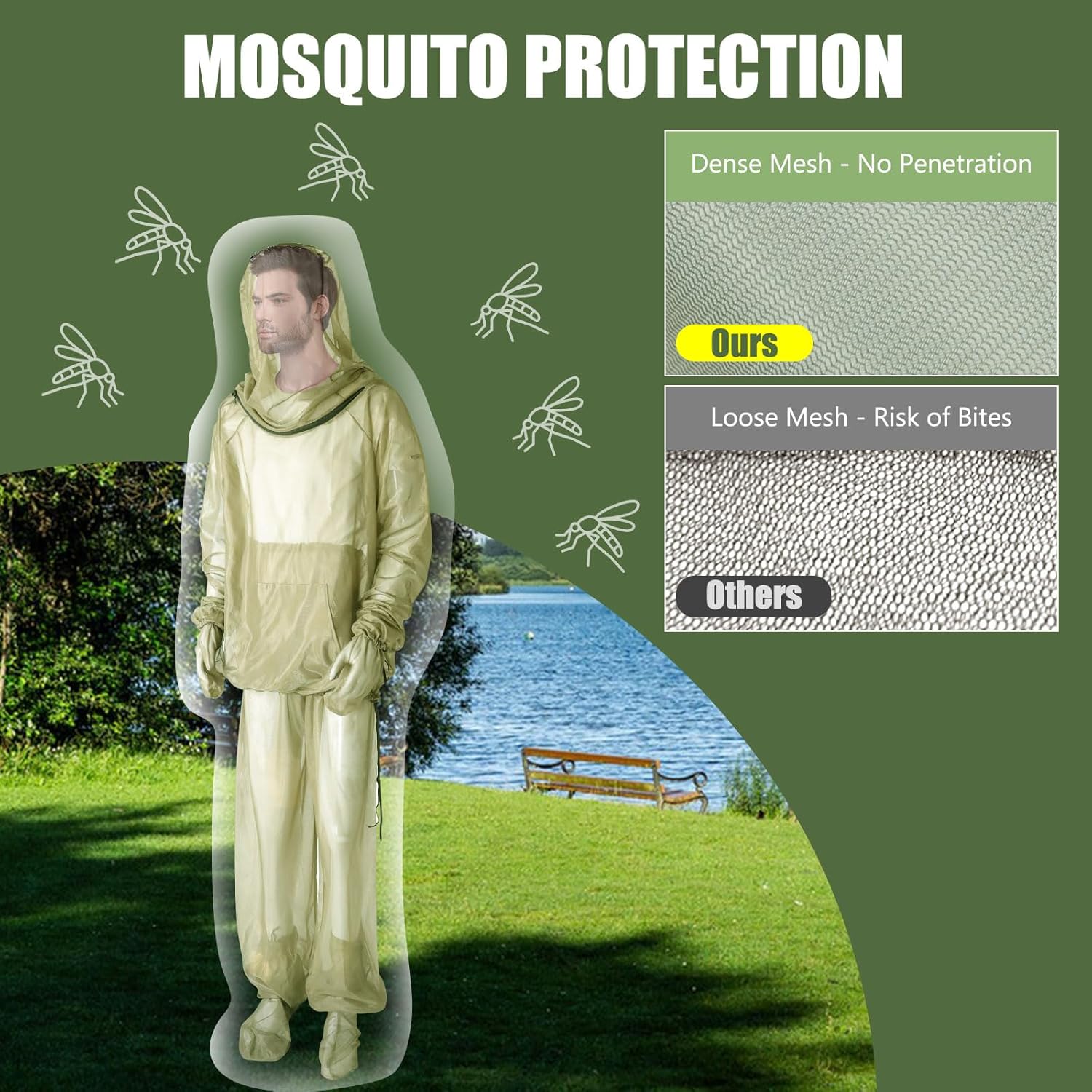 4-Piece Net Suit L/XL, Full Body Jacket with Zippered Hood, Pants, Gloves & Foot Covers, Durable Breathable Mesh, Adjustable Fit for Men & Women, Lightweight for Outdoor, Camping, Fishing &Gardening