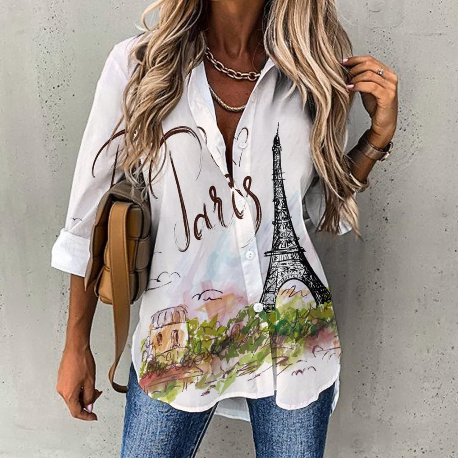 Eiffel Tower Paris Women's T Shirt Long Sleeve Button Down Shirts Blouses Top Tee XL - Image 2