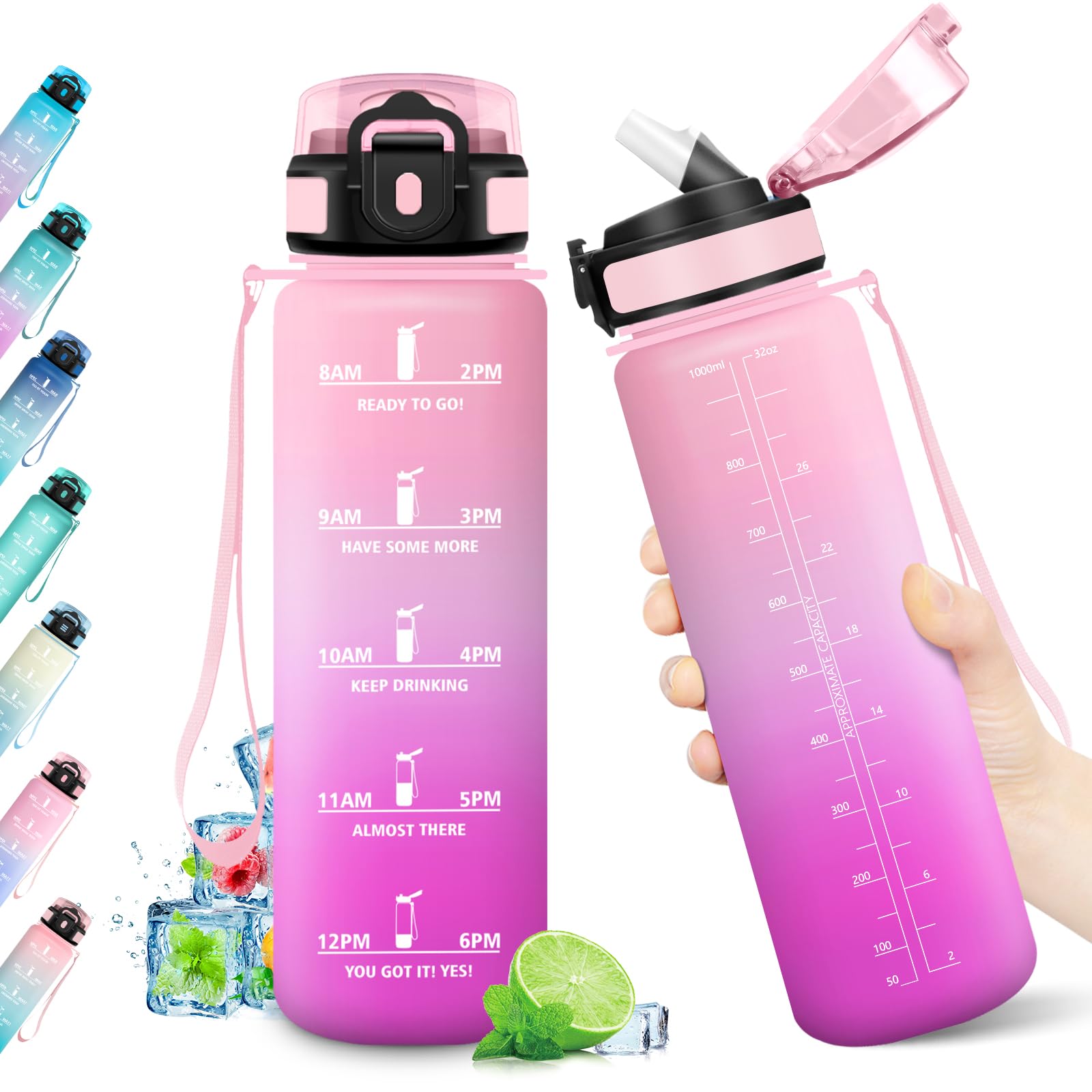 Borraccia 1L, Bottiglia con Indicatore del Tempo Motivazionale, Bottiglia con Cannuccia, Riutilizzabile, senza BPA, A Prova di Perdite, per Fitness, Scuola, Ufficio, Ciclismo, Alpinismo, Yoga