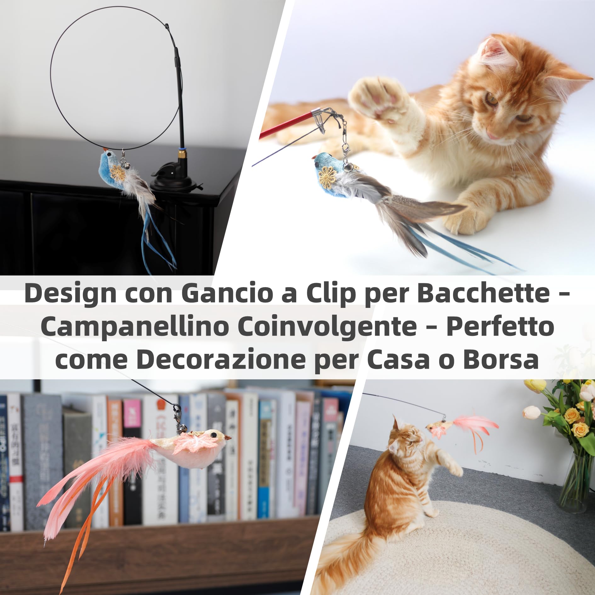 11 Pezzi Piume Uccelli Naturali per Bacchetta Gioco Gatto, Giocattolo Interattivo con Campanellini, Accessori e Testine di Ricambio per Gatti, Regalo per Cuccioli e Gattini