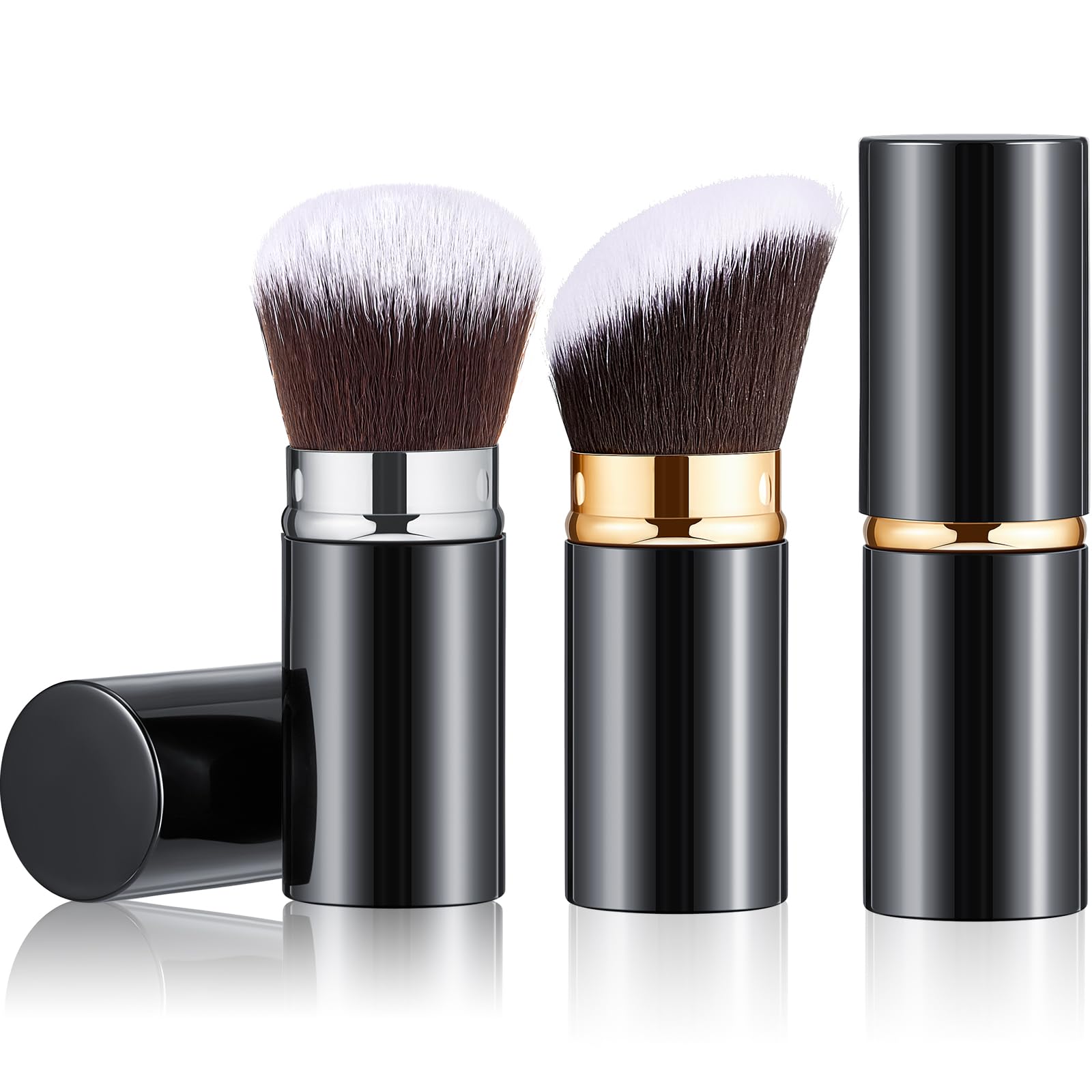 2 brochas retráctiles Kabuki para base de maquillaje, brochas de maquillaje portátiles para viajes, bronceador, rubor, con cubierta para rubor, bronceador, crema en polvo suelto (negro, plateado,