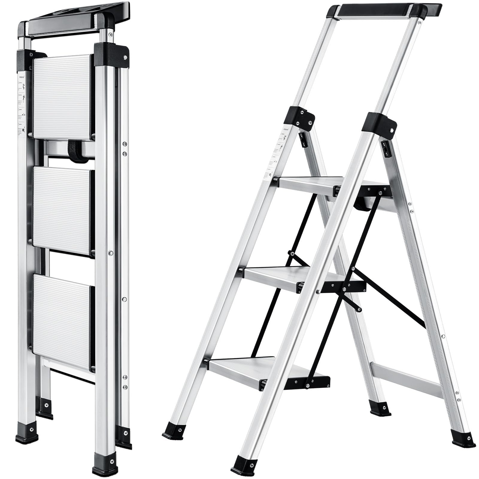 Xinsunho Silver Step Ladder 3 Step, Aluminum Folding Step Stool With Retractable Handgrip & Removable Tool Tray, Lightweight Stepladders For High Closet, 330Lbs Household 3 Step Ladder