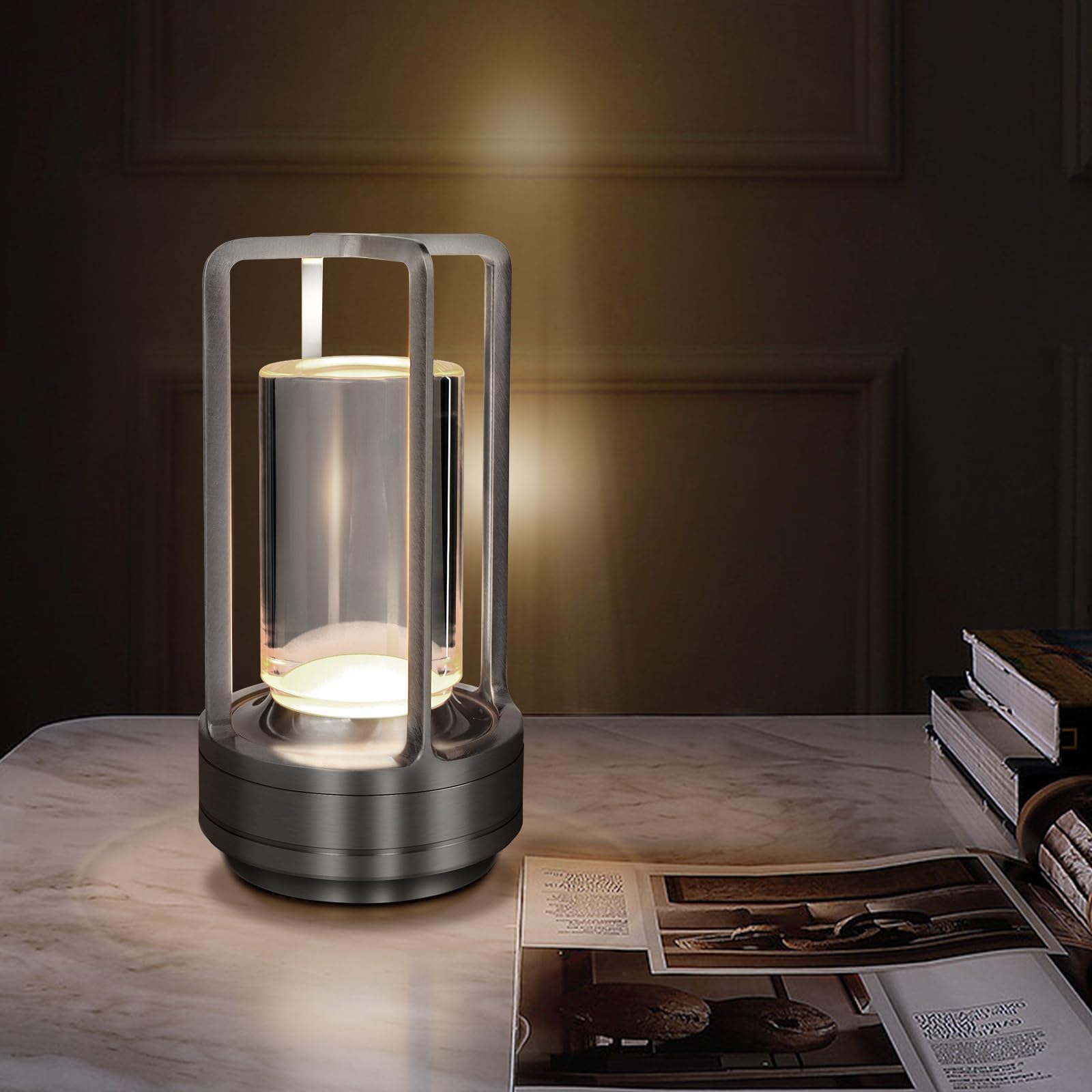 Cordless Table Lamp for Outdoor Indoor, Portable Metal Desk Lamp, Rechargeable LED Crystal Lantern Lamp, 3 Color Stepless Dimming Touch, Battery Powered Table Light for Bedroom Restaurant (Black)