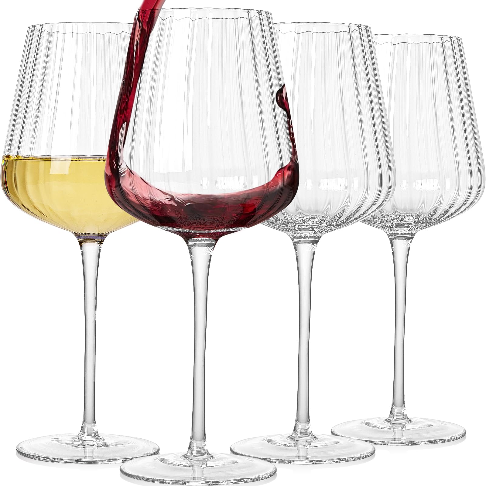 Elegantes, geripptes Weinglas-Set, 400 ml, bleifrei, Kristall, gerippt, Stielgläser für Rot- und Weißwein, Premium-mundgeblasene Gläser für Hochzeiten, Dinnerpartys und besondere Anlässe