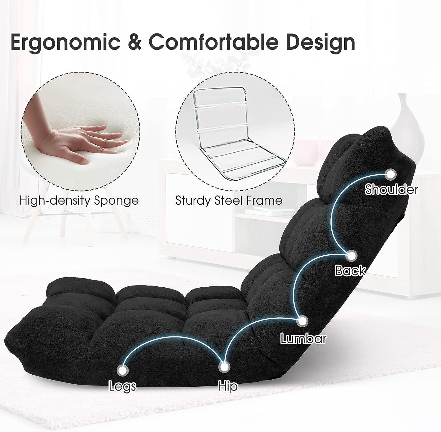 14-Position Floor Chair, Adjustable Folding Gaming Chair Lazy Sofa w/Cushion, Meditation Chair with Back Support, Folding Floor Couch for Reading Bedroom, Living Room for Adults Kids (Black)