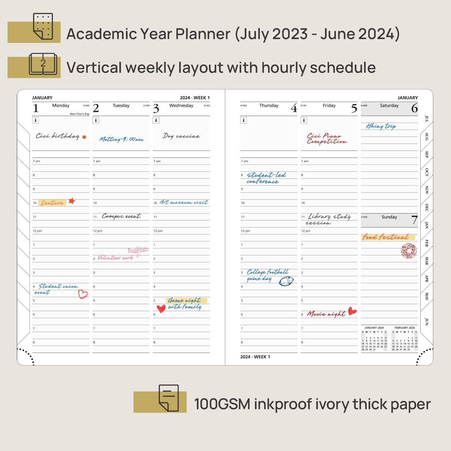 POPRUN Weekly Planner 2023-2024(6.5'' x 8.5'') Academic Planner Weekly and Monthly (July 23-June 24) Leather Hard Cover, Daily Planner with Hourly Time Slot, Tabs & Calendar,100 GSM - Pacific Green