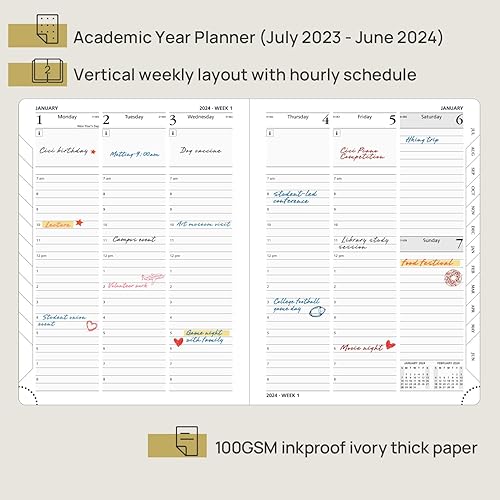 Miniatura 2 de POPRUN Agenda pequeña 2023-2024 (4 x 6.25 pulgadas), planificador académico semanal y mensual (23 de julio a 24 de junio) con tapa dura de cuero,