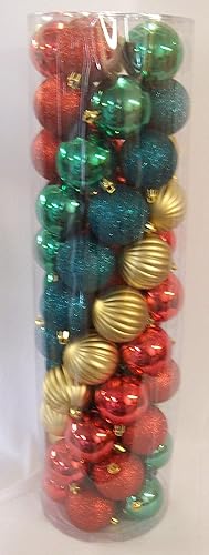 at home 55 adornos inastillables para árbol de Navidad, color rojo, verde, verde azulado, dorado, 2.36 pulgadas