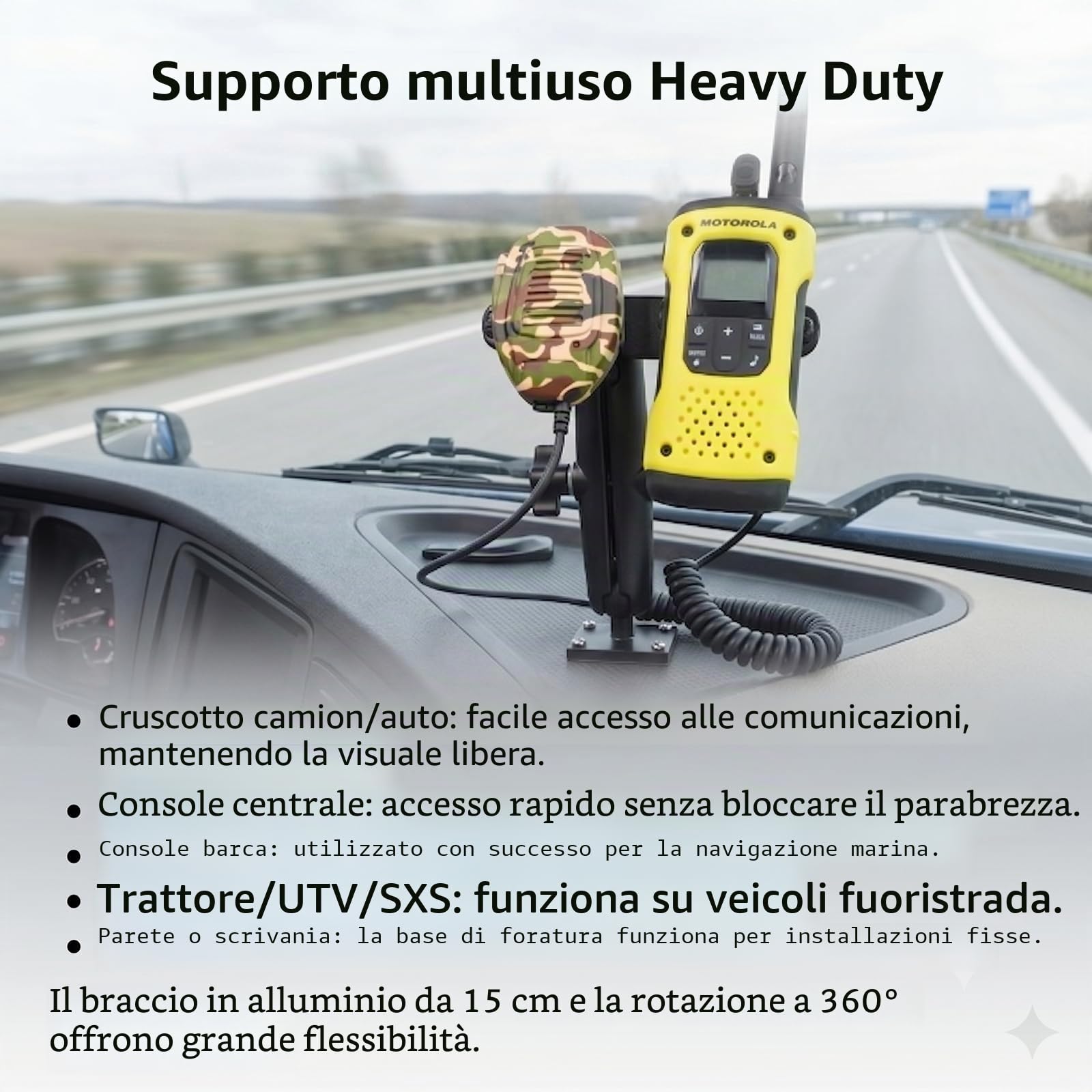 HYS Supporto adesivo per walkie talkie per camion e auto, con clip per cintura per microfono, presa sicura, resistente supporto per tablet, robusto supporto radio a 2 vie per veicoli commerciali,