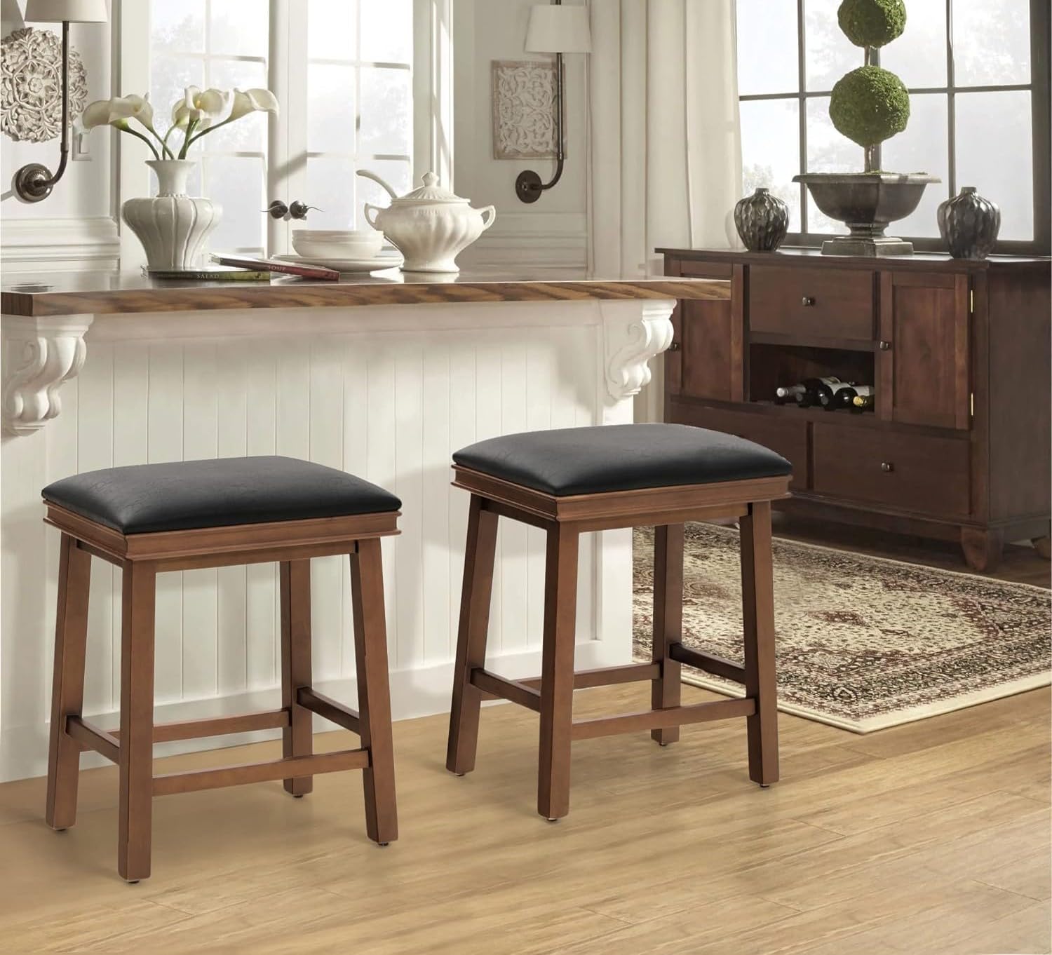 Solid Sheesham Bar Stools Set of 2 for Kitchen Counter Height Classic Barstools Faux Leather Farmhouse Upholstered Stools for 34"-38" Island, Black Cushion & Dark Brown Legs (Set of 2)-image-15