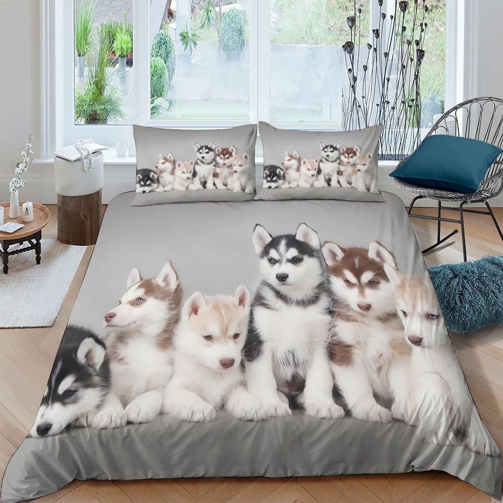 Ctjqhvkz Style-1 3D Printed Husky Puppy Fitted Sheet Microfiber Soft Grey Animal Mattress Cover, Bedroom Dorm Decor, Machine Washable Anti-Slip Single（135X200cm）