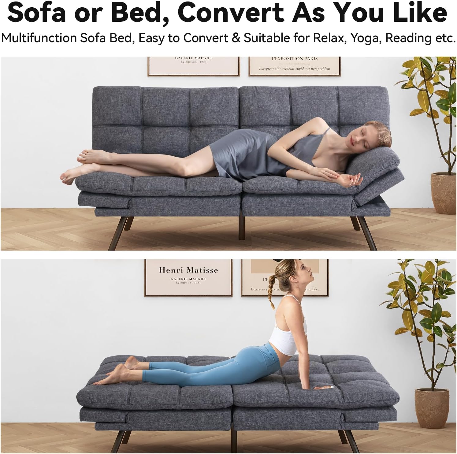 Hcore Futon Couch, Convertible Futon Sofa Bed, Memory Foam Futon Sofa, Adjustable Sleeper Sofa, Modern Loveseat Sofa Bed for Compact Space,Living Room, Office, Apartment, Grey, Updated Quality
