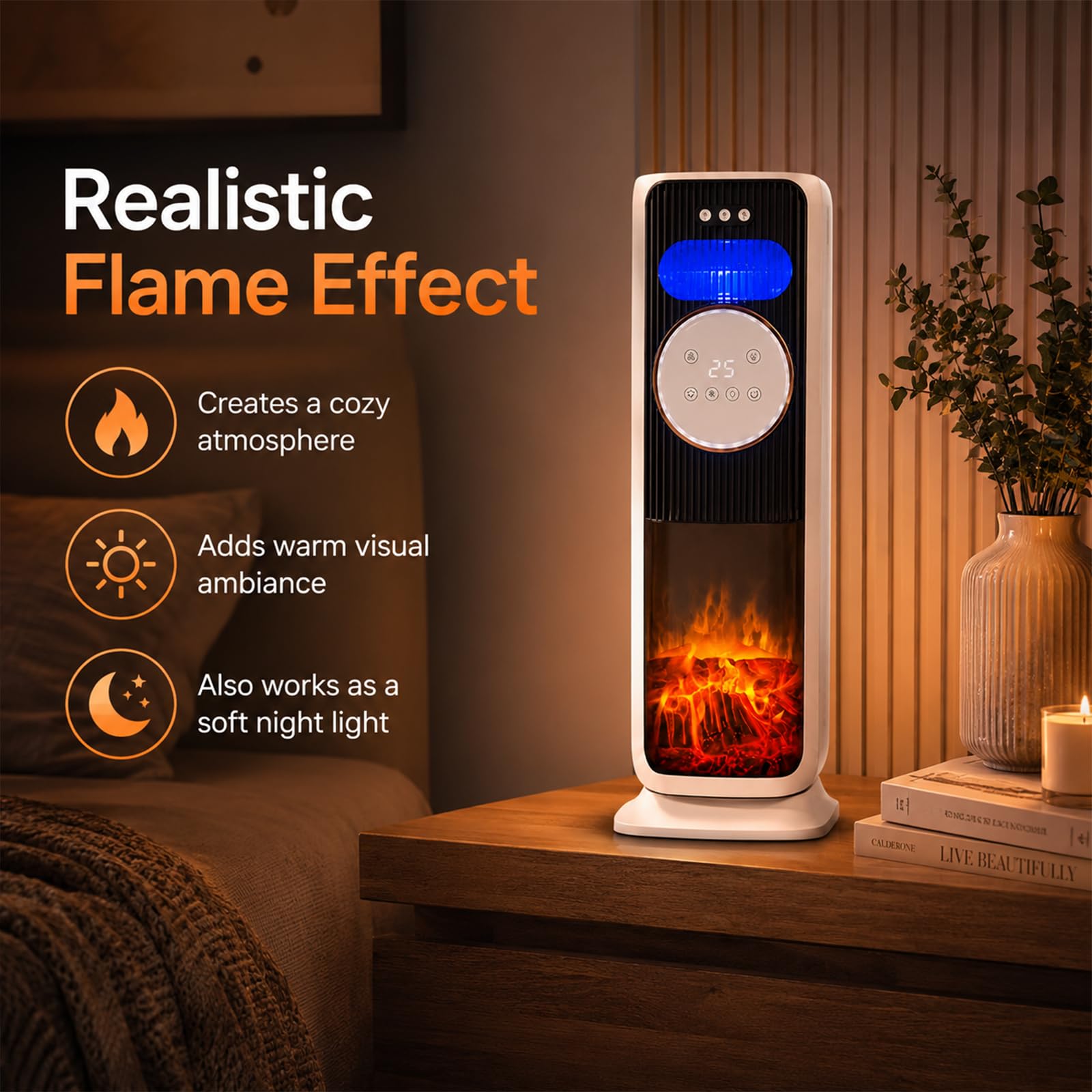 Climatizador Evaporativo con 5 Modos de Frío y Calor, Enfriador de Aire con Efecto Llama y Oscilación de 180°, Aire Acondicionado Portátil para Hogar Oficina Salón Dormitorio (Negro)