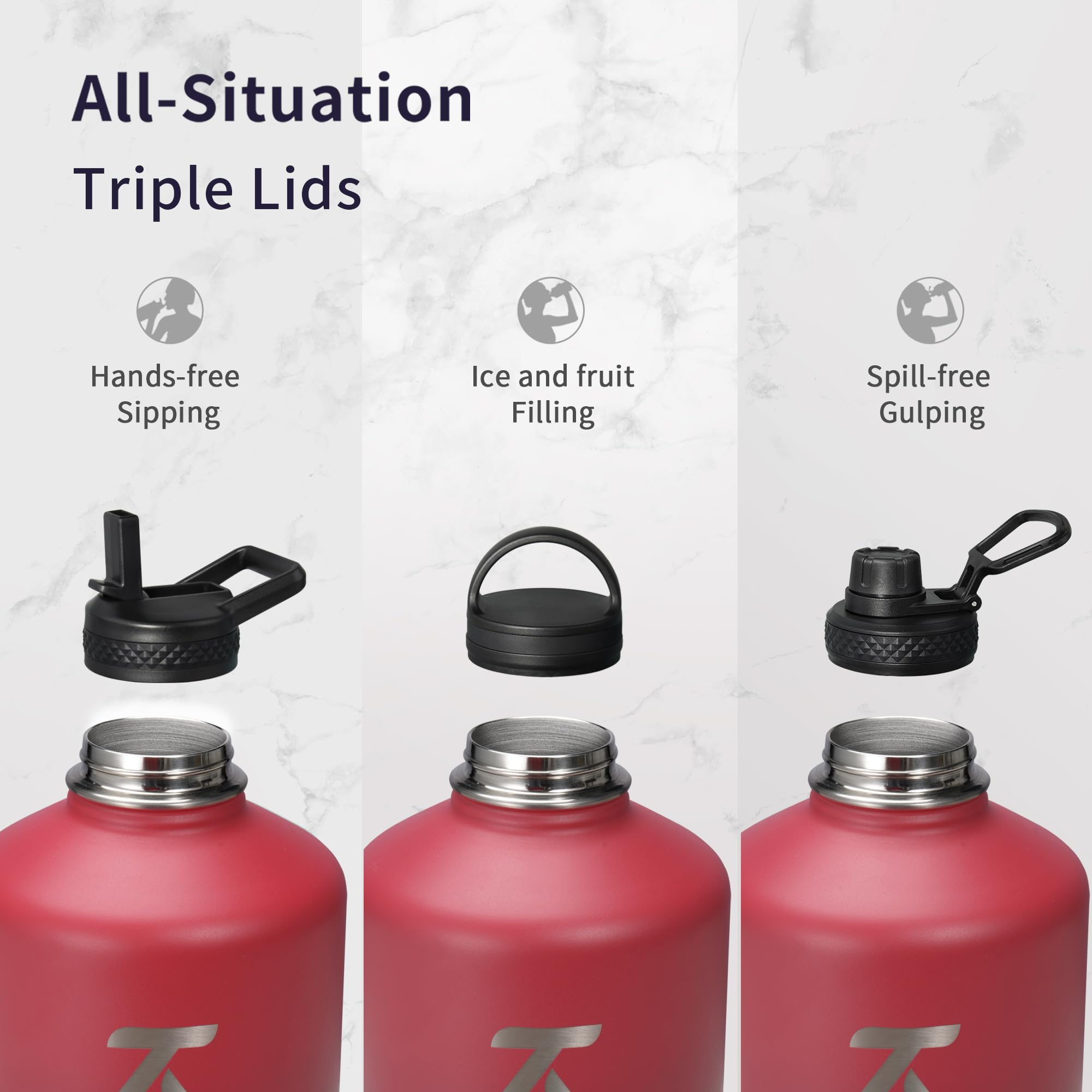 Trebo - Botella de agua de 1 galón aislada con asa de paracord y pajita, jarra grande de acero inoxidable de 128 oz con aislamiento de doble pared al vacío, mantiene el hielo frío durante 48 horas