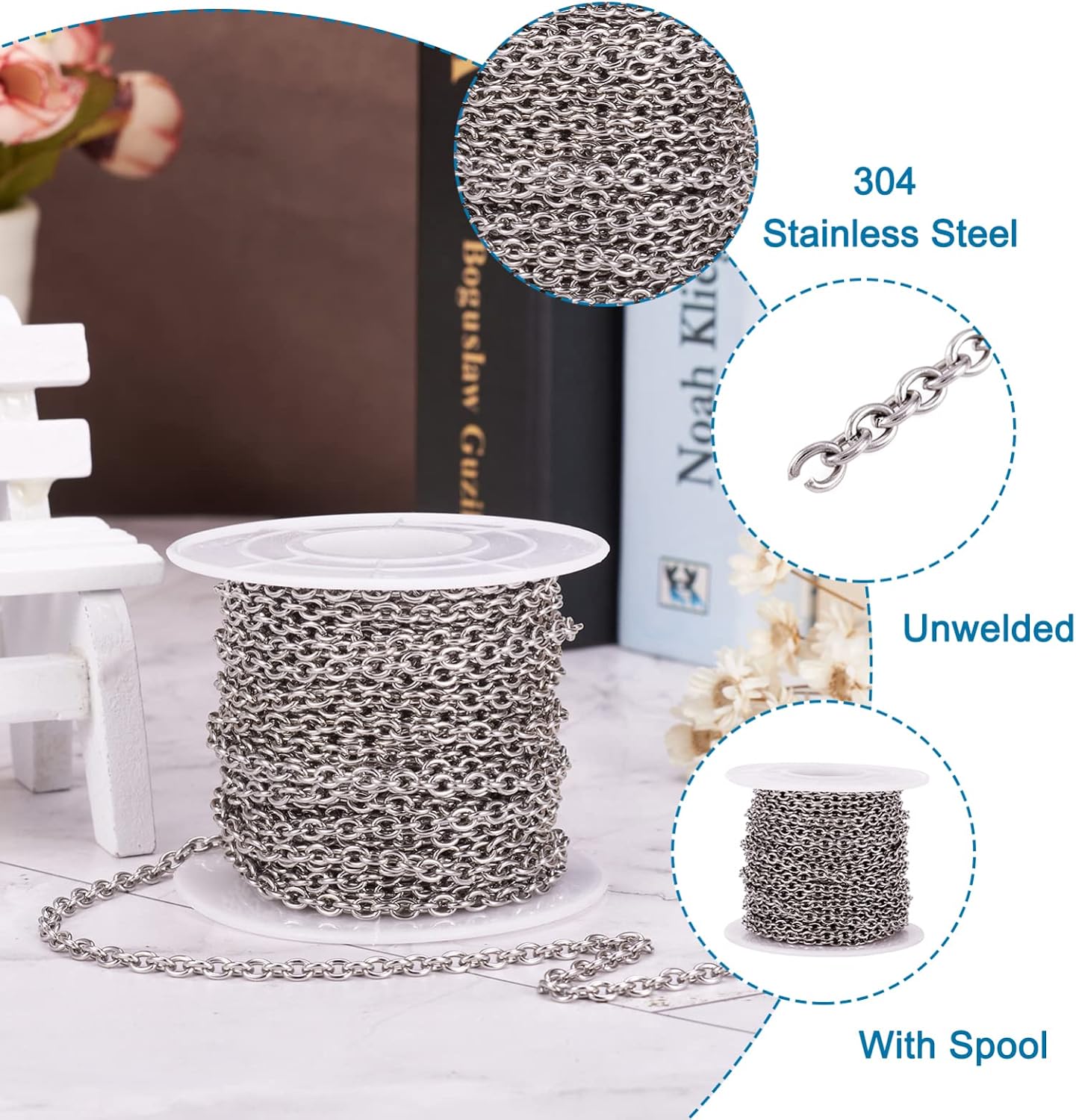 PandaHall 32.8 Feet Stainless Steel Cable Cross Chains with Spool 4x3x0.8mm Unwelded Oval Link Necklace Bracelet Pendant Jewelry Making Chains for DIY Crafts