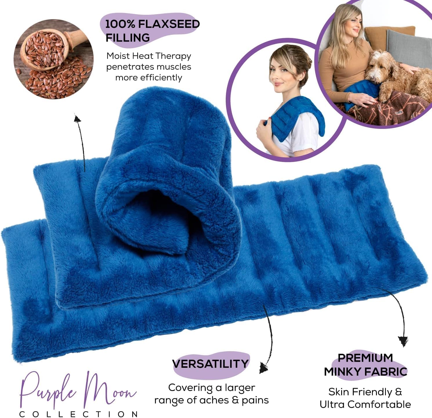 Purple Moon Collection - Microwavable Heating Pad for Neck & Shoulders - 6x16 in, Blue - Flaxseed Heat Pack - Weighted Hot & Cold Therapy Compress Wrap for Pain Relief, Menstrual Cramps, Sore Muscles image 4