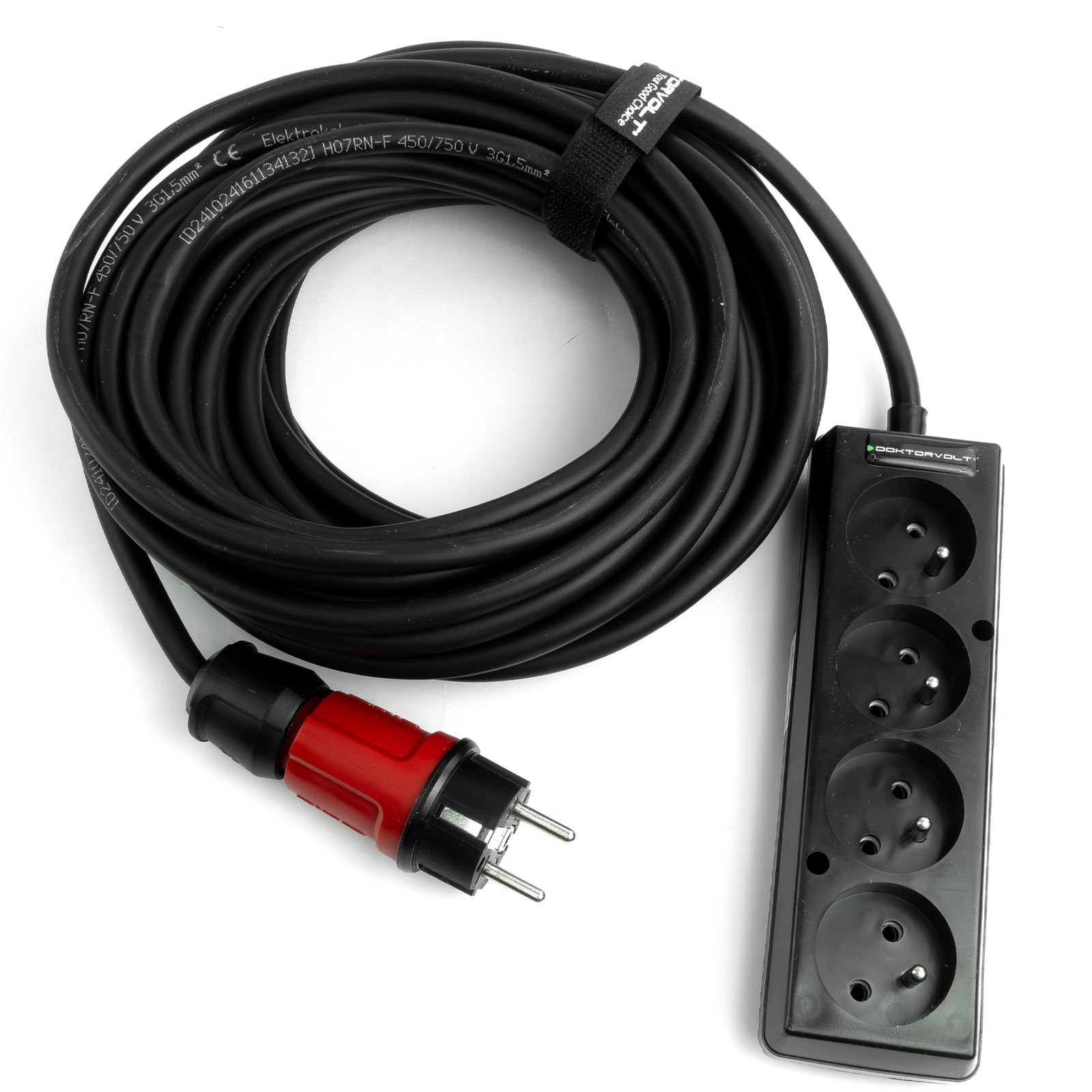Doktorvolt Rallonge électrique - 4 prises - 15 m - Multiprise 3 x 1,5 mm² - Résistant à l'huile et aux intempéries - Noir